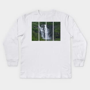 Wonderful landscapes in Norway. Hordaland. Beautiful scenery of Skjervsfossen waterfall from the Storelvi river on the Hardanger scenic route. Mountains, trees in background. Rainy day Kids Long Sleeve T-Shirt